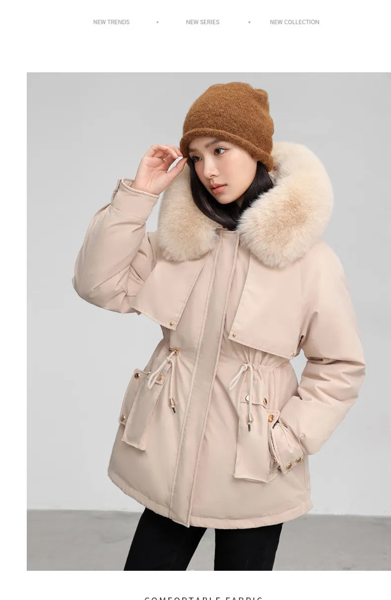 Women’s Winter Coat – Slim Waist Design, Hood with Fur Collar, and Thermal Padding