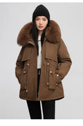 Women’s Winter Coat – Slim Waist Design, Hood with Fur Collar, and Thermal Padding