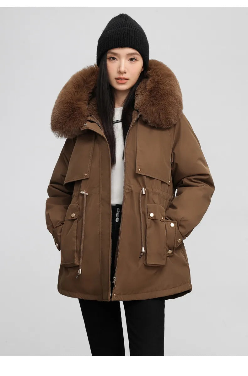 Women’s Winter Coat – Slim Waist Design, Hood with Fur Collar, and Thermal Padding