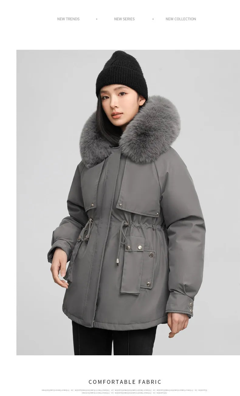 Women’s Winter Coat – Slim Waist Design, Hood with Fur Collar, and Thermal Padding