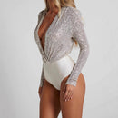 Glamorous Sequin Jumpsuit for Women – Long Sleeve Deep V